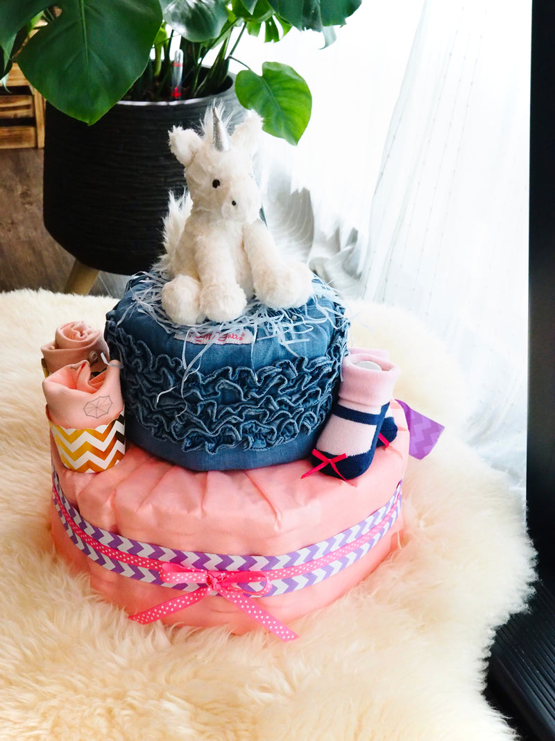 2 Tier Diaper Cake Girl - Denim Unicorn