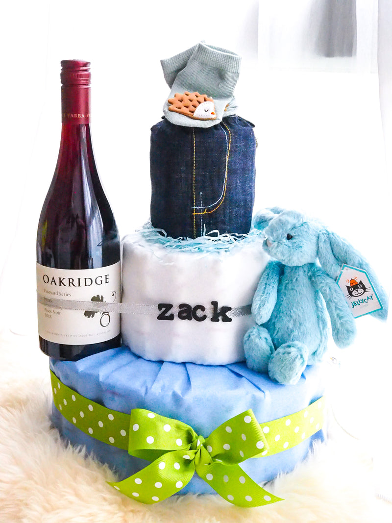 3 Tier Cheers Wine & Baby Boy Diaper Cake