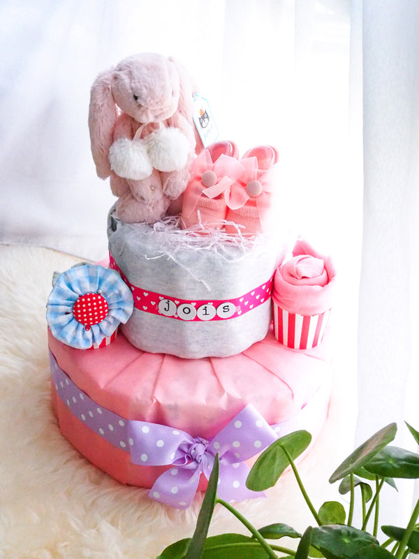 2 Tier Diaper Cake Girl - Winter Bunny with Shoobie